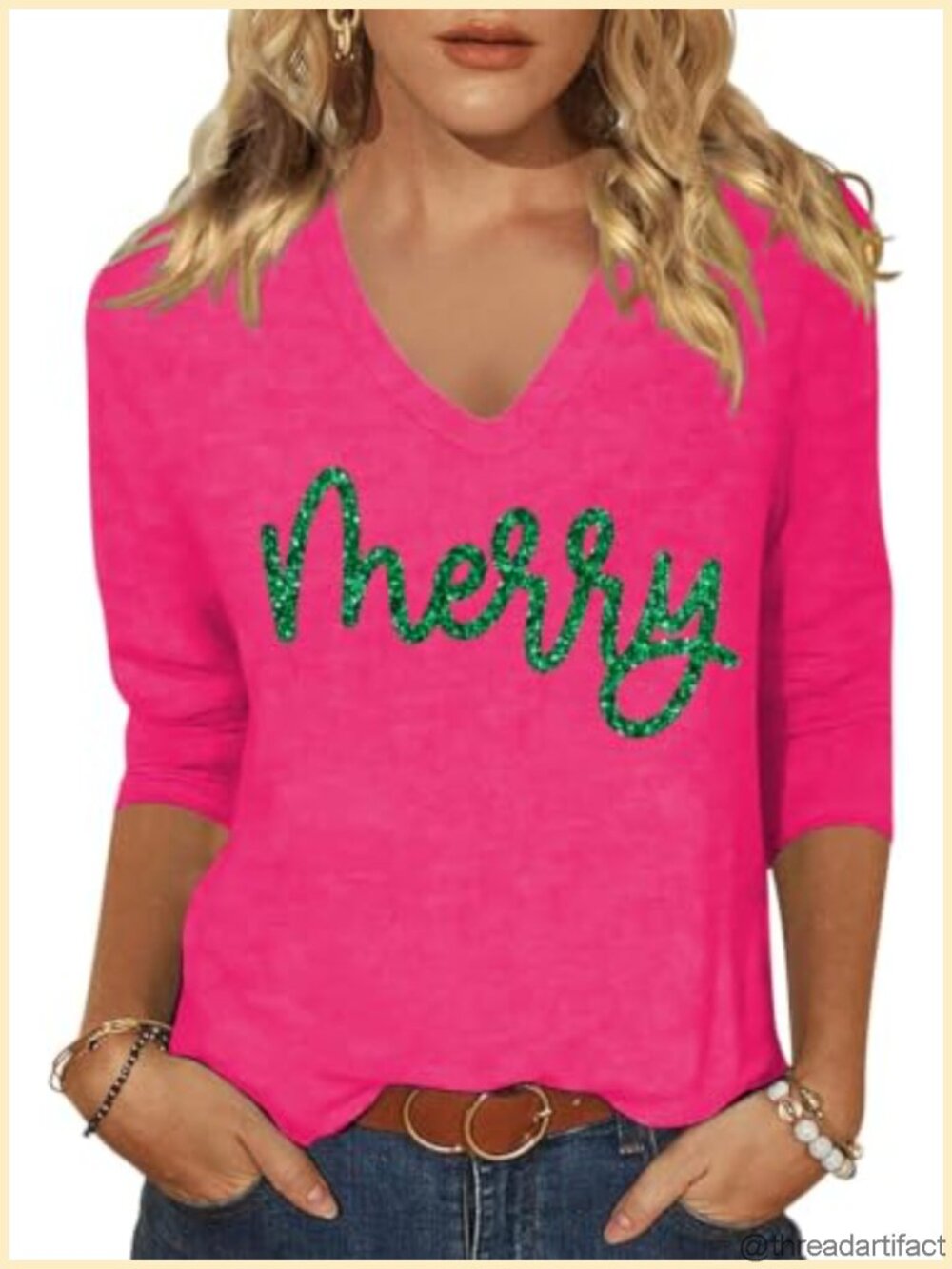 Christmas Merry Bright Glitter Print V-Neck 3/4 Sleeve Graphic Tee